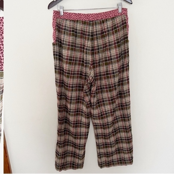 Anthropologie Plaid Floral Waistband Wide Leg Pants Pink/Brown Size 10 Cotton - Picture 6 of 10